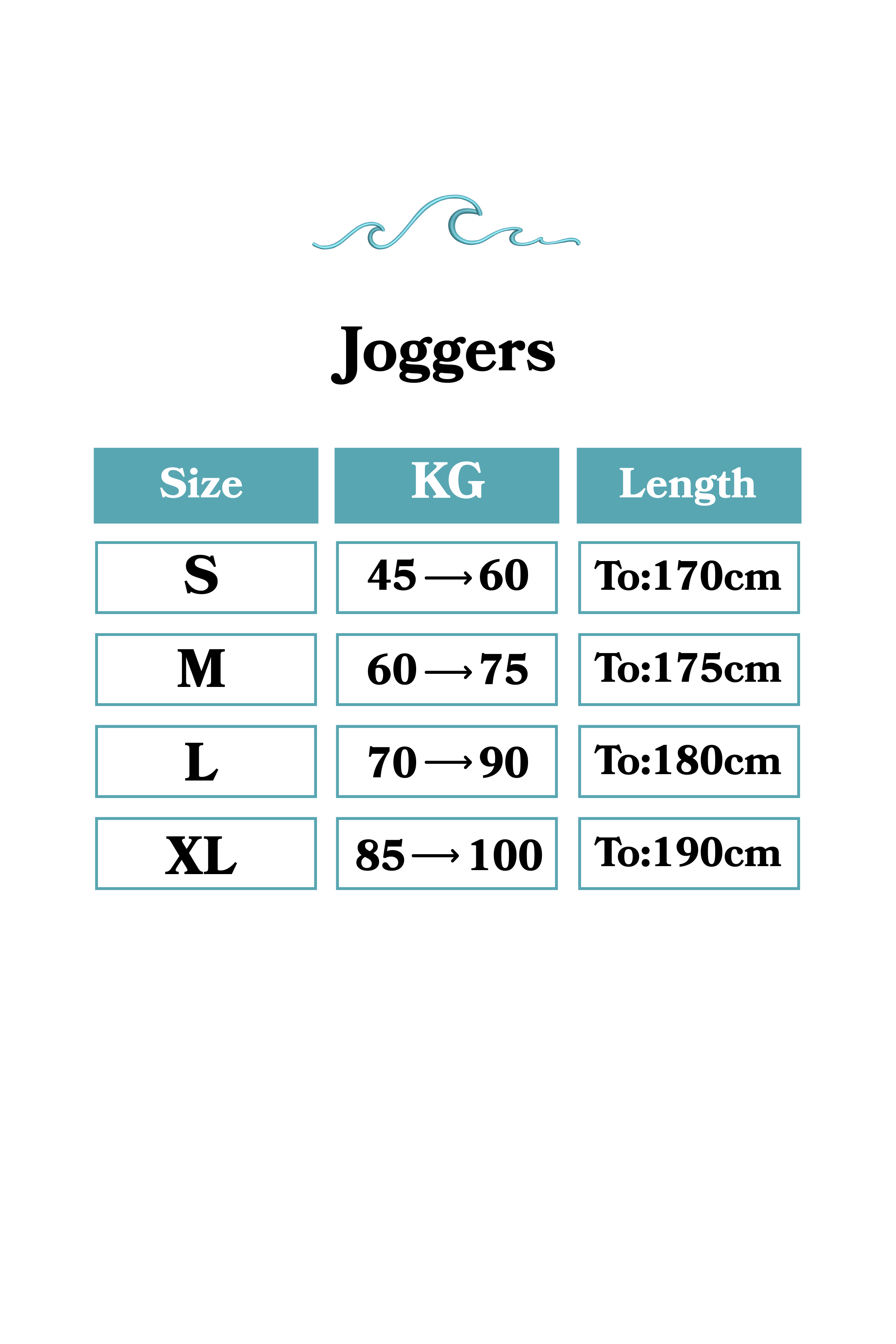 Jogger size chart with measurements 